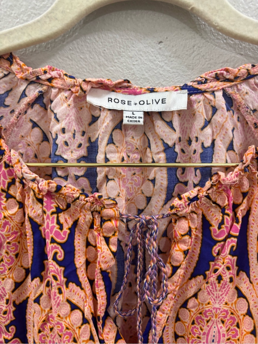 Rose & Olive Pink and Navy Printed Tie-Neck Peasant Blouse - Picture 2 of 3